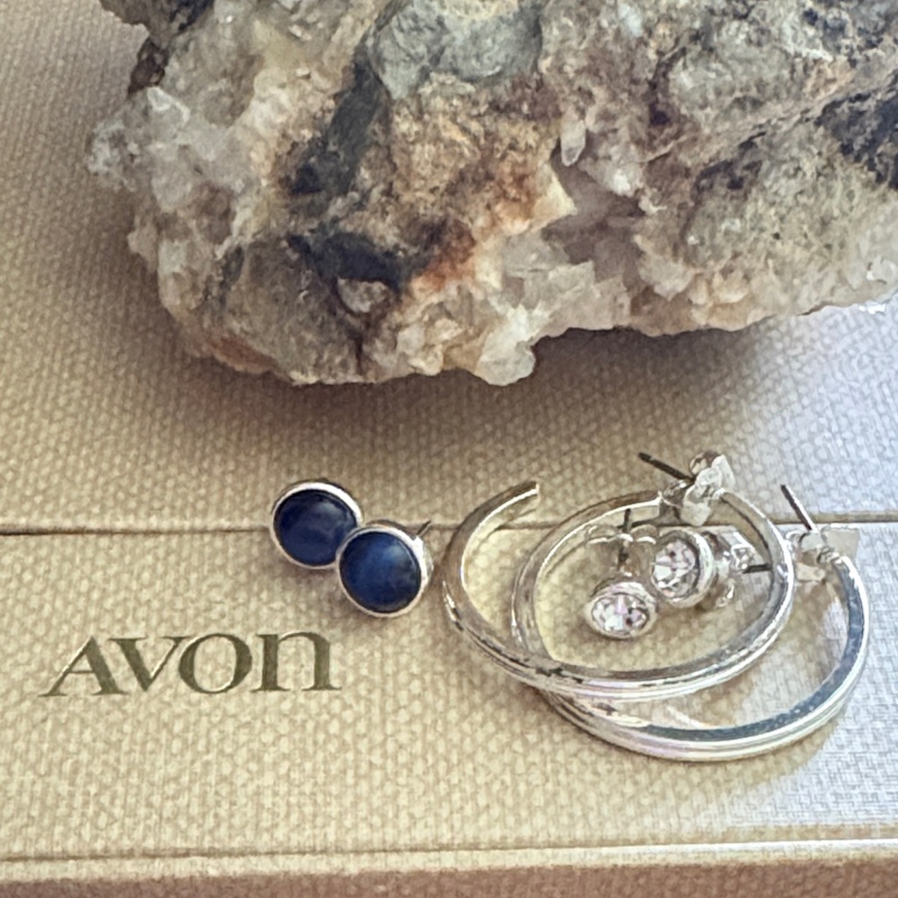 Avon Earring Trio - Silver Hoops, Deep Blue and Faux Diamonds Studs NIB 88